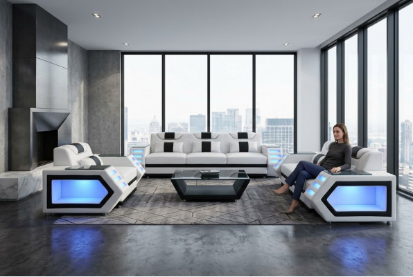 Sofa Couch Sëtz Polster Komplett Grupp Set Lieder Garnitur 3+2+1 + LED + USB Nei