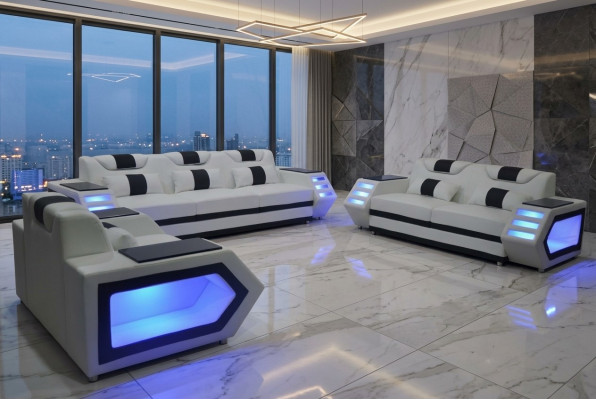 Sofa Couch Sëtz Polster Komplett Grupp Set Lieder Garnitur 3+2+1 + LED + USB Nei