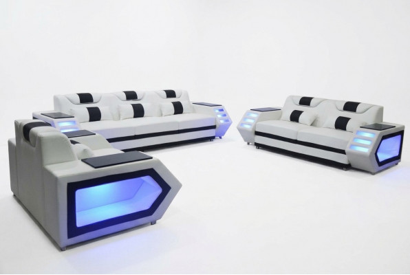 Sofa Couch Sëtz Polster Komplett Grupp Set Lieder Garnitur 3+2+1 + LED + USB Nei