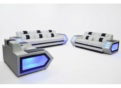 Sofa Couch Sëtz Polster Komplett Grupp Set Lieder Garnitur 3+2+1 + LED + USB Nei