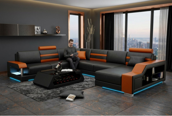 Design Sofae Ecksofa Wunnlandschaft mat Regal Polster Sëtz Garnitur Ledersofa USB