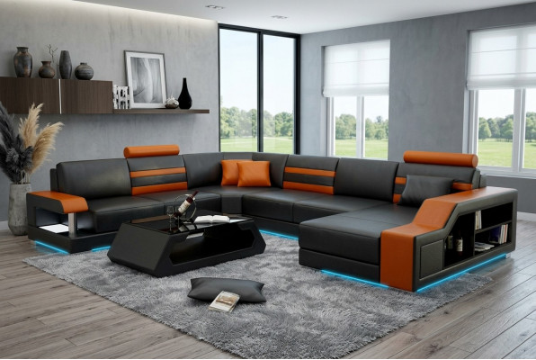 Design Sofae Ecksofa Wunnlandschaft mat Regal Polster Sëtz Garnitur Ledersofa USB