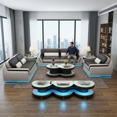 Ledercouch Couch Sofagarnitur Nei 3+2+1 Set Design Modern Sofa + USB