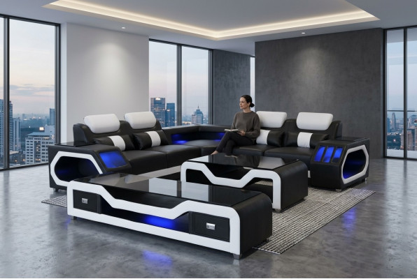 Ledersofa Wunnlandschaft Eck Garnitur Design Modern Sofa mat USB + Couchtisch
