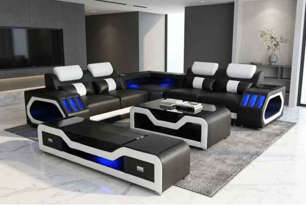 Ledersofa Wunnlandschaft Eck Garnitur Design Modern Sofa mat USB + Couchtisch