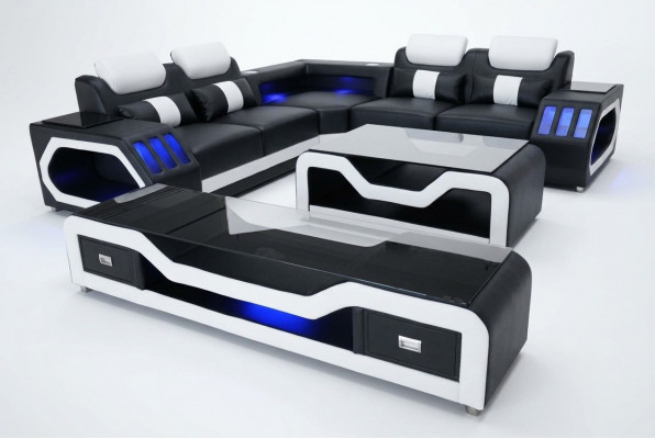 Ledersofa Wunnlandschaft Eck Garnitur Design Modern Sofa mat USB + Couchtisch