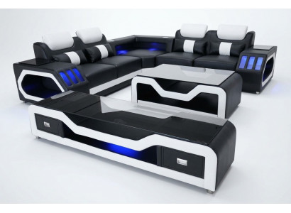 Ledersofa Wunnlandschaft Eck Garnitur Design Modern Sofa mat USB + Couchtisch