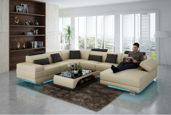 Ledersofa Couch Wunnlandschaft Ecksofa Ecksëtzmoublé Design Modern Sofa Beige USB