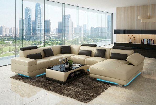 Ledersofa Couch Wunnlandschaft Ecksofa Ecksëtzmoublé Design Modern Sofa Beige USB