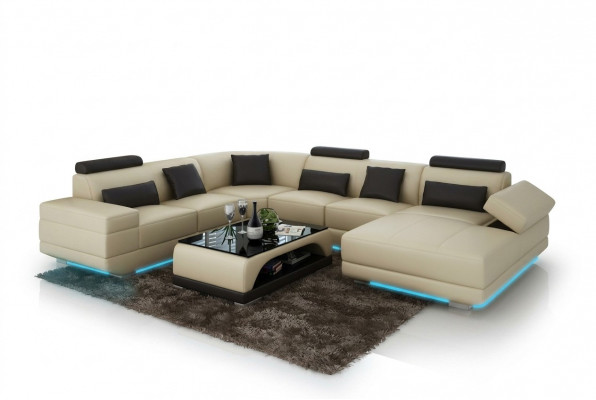 Ledersofa Couch Wunnlandschaft Ecksofa Ecksëtzmoublé Design Modern Sofa Beige USB