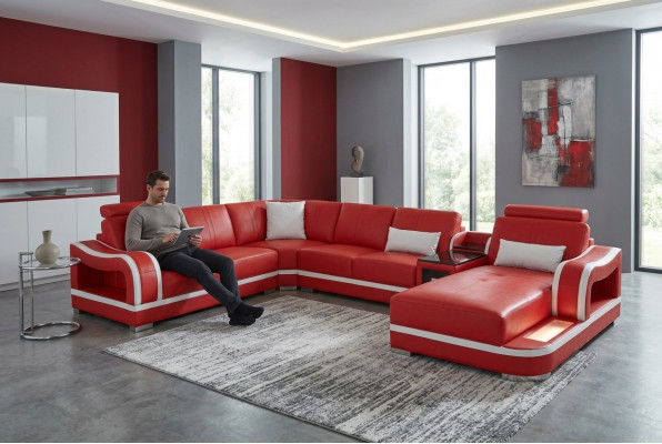 Ledercouch mat USB Sofa Wunnlandschaft Garnitur Design Modern Eckcouch U Form