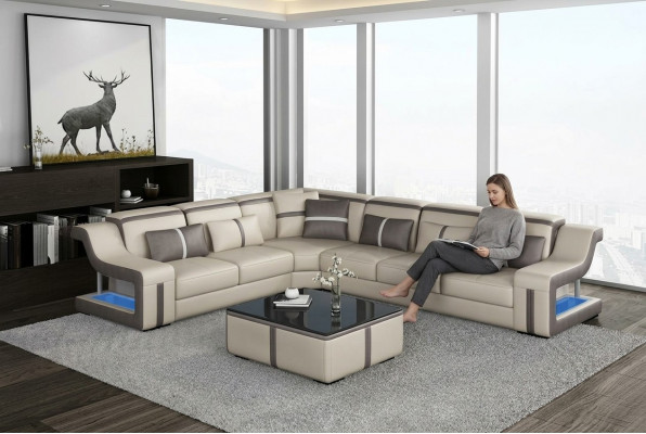 XXL Eckcouch Sofa mat USB Eck Wunnzëmmercouch Sofa Canapé Dësch Polstersëtz Lieder