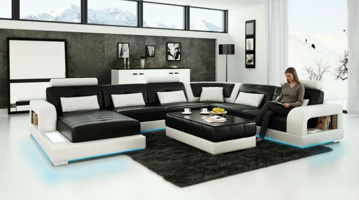 Sofa Ecksofa Design Wunnlandschaft mat Rägal Polstersëtzgarnitur Ledersofa USB