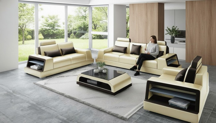 Ledersofa Couch Sofagarnitur Polster 3+1+1 Sëtzer Couchen Sofa Design Lieder Nei