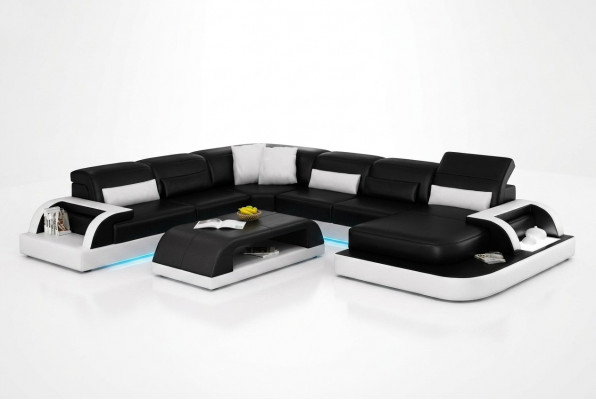 Canapé Eckcouch Design Wunnlandschaft Schwaarz Polster Sëtz Garnitur Ledercanapé USB