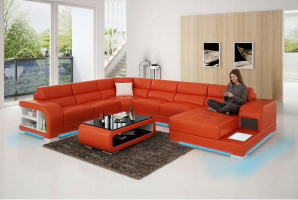 Modern Ledersofa Couch Design Wohnlandschaft Ecksofa Eck Garnitur Sofa Luucht USB