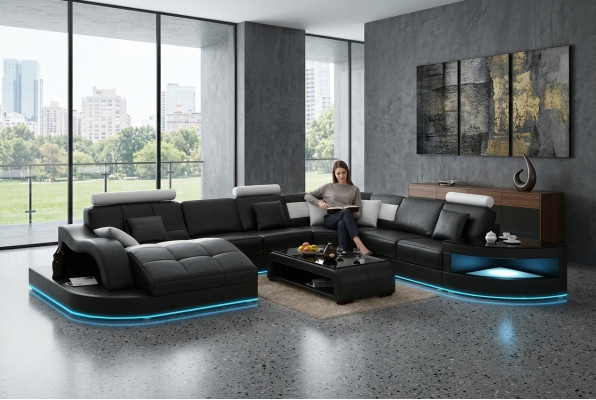 Ledersofa Canapé Wunnlandschaft Ecksofa Eck Garnitur Design Modern Neit Sofa +USB