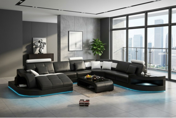 Ledersofa Canapé Wunnlandschaft Ecksofa Eck Garnitur Design Modern Neit Sofa +USB