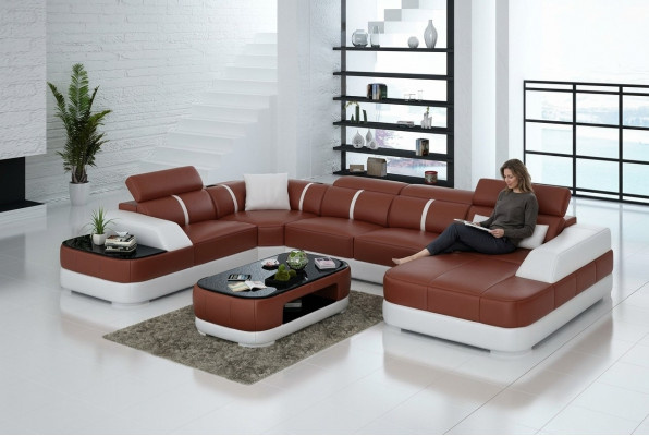 Ledersofa Polster Sitz Eck Sofa Garnitur Wunnlandschaft Wunnzëmmer Canapé mat USB