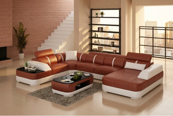 Ledersofa Polster Sitz Eck Sofa Garnitur Wunnlandschaft Wunnzëmmer Canapé mat USB