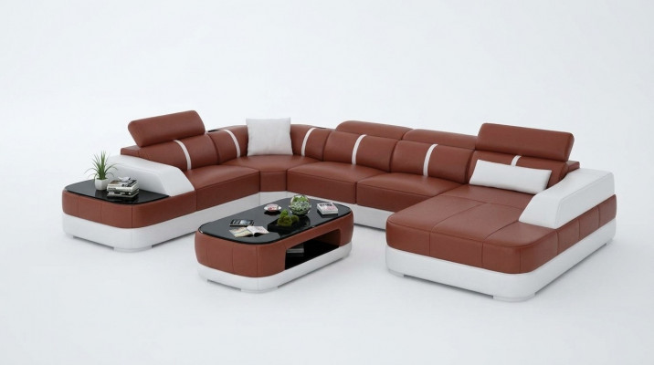 Ledersofa Polster Sitz Eck Sofa Garnitur Wunnlandschaft Wunnzëmmer Canapé mat USB