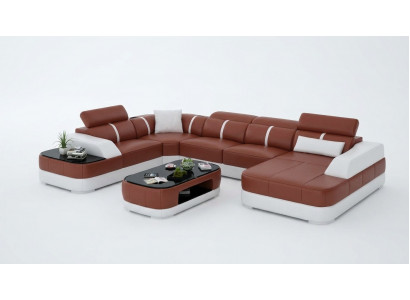 Ledersofa Polster Sitz Eck Sofa Garnitur Wunnlandschaft Wunnzëmmer Canapé mat USB