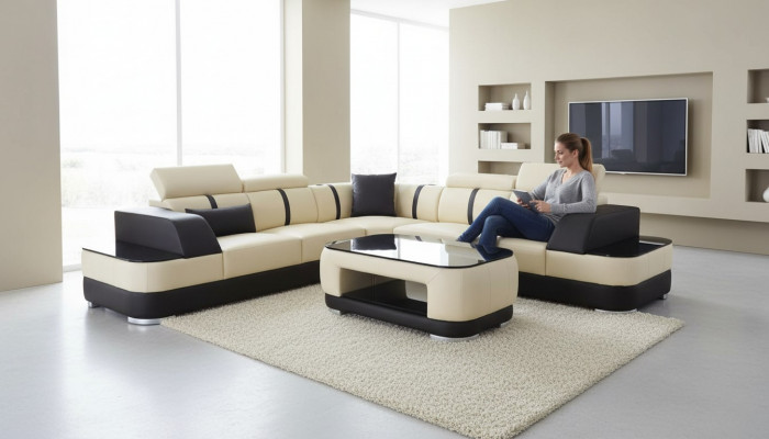 Eck Sofa + USB Lieder Polster Eck Garnitur Couchen L Form + Dësch Wunnlandschaft