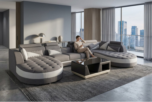 Modern Textil Canapé + USB Uschloss + Couchtisch Wunnlandschaft U-fërmeg Ecke