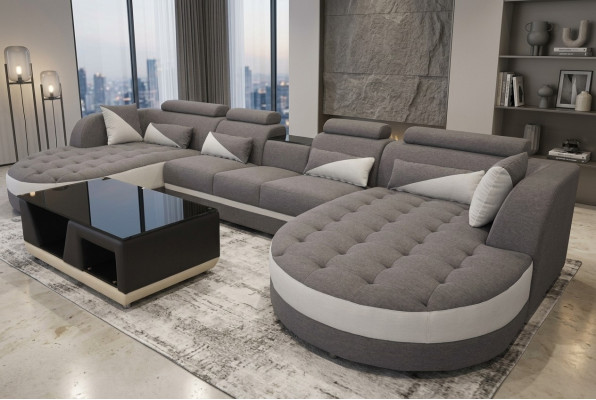 Modern Textil Canapé + USB Uschloss + Couchtisch Wunnlandschaft U-fërmeg Ecke