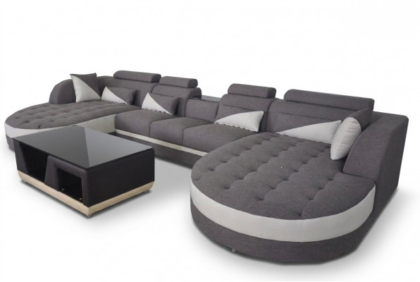 Modern Textil Canapé + USB Uschloss + Couchtisch Wunnlandschaft U-fërmeg Ecke