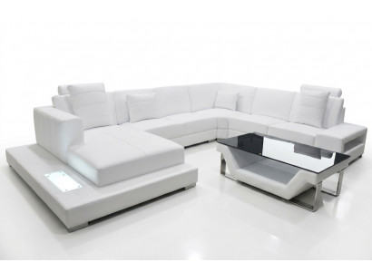 Ledersofa Ecksofa Wunnlandschaft Couch Polster Ecksuite Sëtzgemeng + Dësch + USB