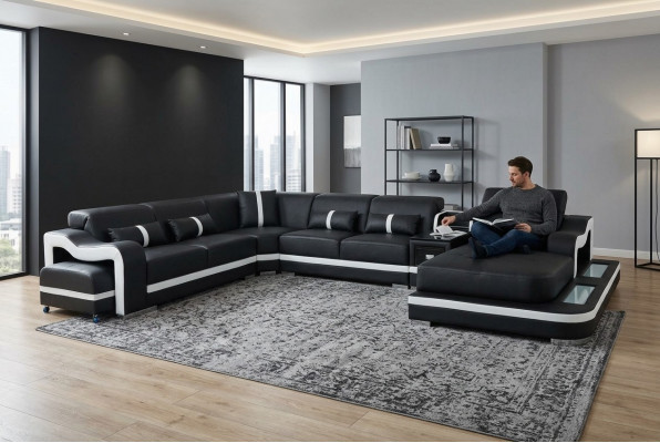 Lieder Kanapé Fauteuil Sëtz Design Eck Garnitur Sofa Wunnlandschaft + Luucht + USB