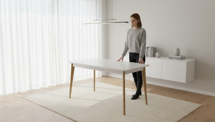 Modernes Holzdësch Iessdësch Dësch Holz Dëscher 140/180cm Iess Zëmmer Auszéibar