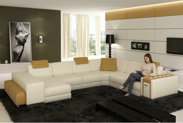 Wunnlandschaft Designer Canapé LED USB Dësch Big Polster Lieder Canapé Eck Sëtz Eck.