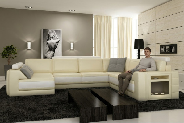 Designersofa mat USB Ecksofa Couch Ledersofa Polstersëtz Ecke Garnitur +Liicht