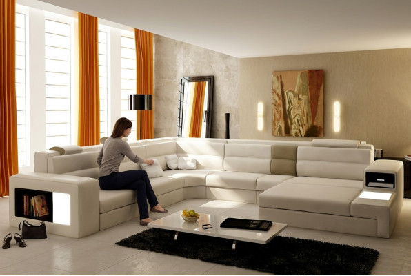 Canapé Ecksofa Ledersofa Modern Sofa Couch Polsterset Wohnlandschaft USB