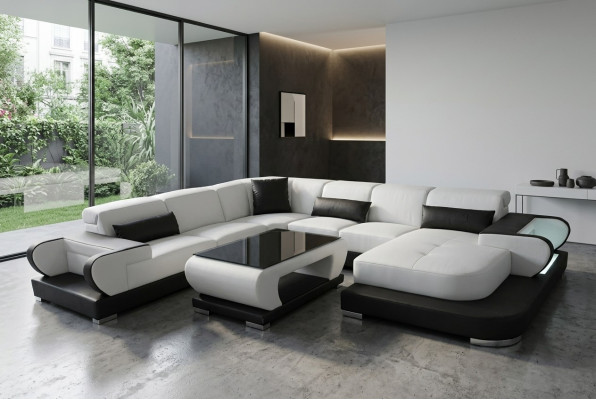 Canapé Ecksofa mat USB Lieder Wunnlandschaft Garnitur Design Modern Sofa + Dësch