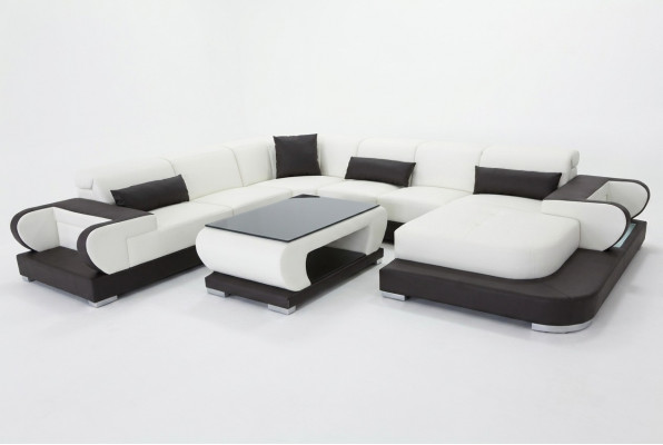 Canapé Ecksofa mat USB Lieder Wunnlandschaft Garnitur Design Modern Sofa + Dësch