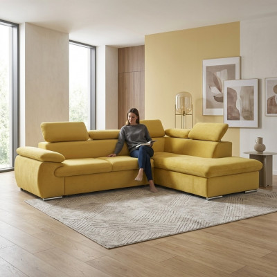 Design Ecksofa L-Form Sofa Couch Polster Schloofsofa Textil Bettfunktioun Schloof