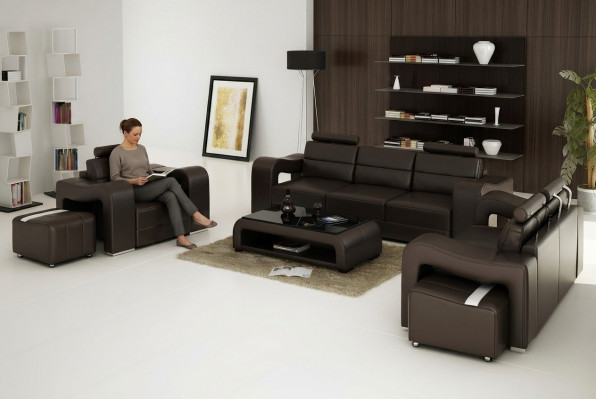 Ledercouch Sofa Wunnlandschaft 3+2+1 Sëtz-Garnitur Design Modern Sofa USB Nei
