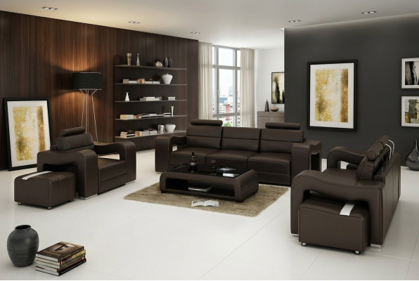 Ledercouch Sofa Wunnlandschaft 3+2+1 Sëtz-Garnitur Design Modern Sofa USB Nei