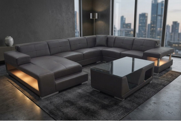 Wunnlandschaft Ecksofa Polster Sëtzeneck Sëtzgrupp Ledersofa Sofa Couch + USB