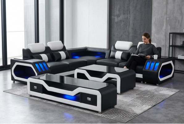 Moderne Ledercouch Wohnlandschaft L-Form Sofa Setzt Musikraum - USB - Bluetooth Nei