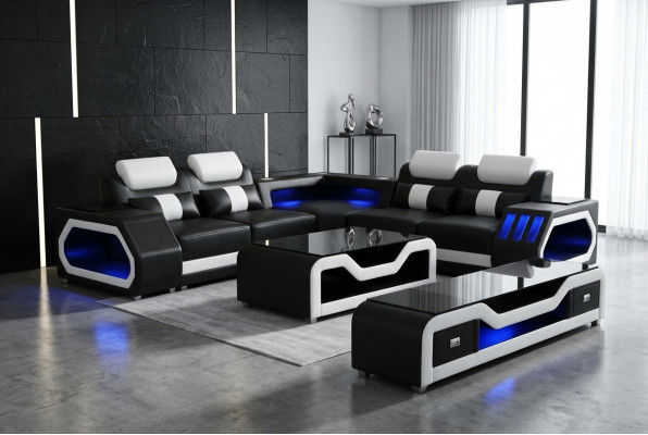 Moderne Ledercouch Wohnlandschaft L-Form Sofa Setzt Musikraum - USB - Bluetooth Nei
