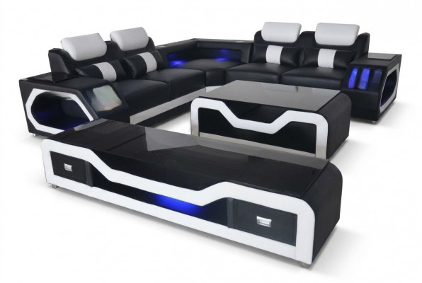 Moderne Ledercouch Wohnlandschaft L-Form Sofa Setzt Musikraum - USB - Bluetooth Nei