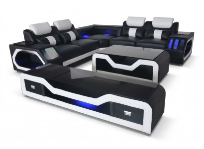 Moderne Ledercouch Wohnlandschaft L-Form Sofa Setzt Musikraum - USB - Bluetooth Nei