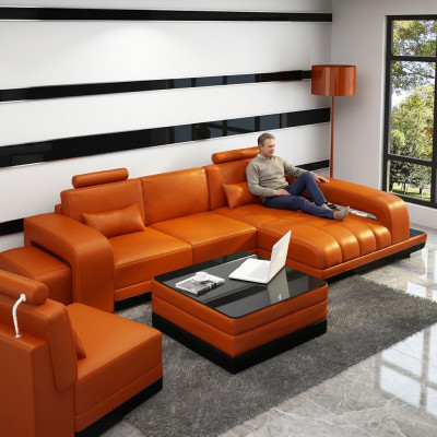 Ledercouch Ecksofa Eck Garnitur Design Sofa USB Orange Nei