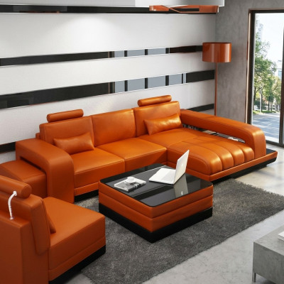 Ledercouch Ecksofa Eck Garnitur Design Sofa USB Orange Nei