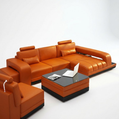 Ledercouch Ecksofa Eck Garnitur Design Sofa USB Orange Nei