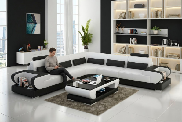 Ledercouch Sofa Wunnlandschaft Eck Garnitur Design Modern Sofa mat USB Eckssofa
